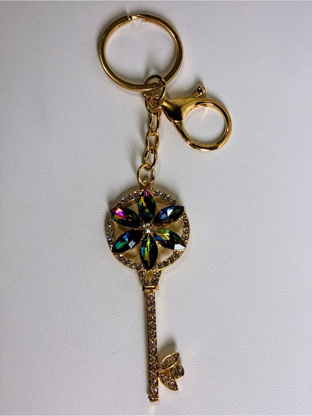 Gold Key Charm Keychain Iridescent Multicolor Crystal Flower New Without Tags